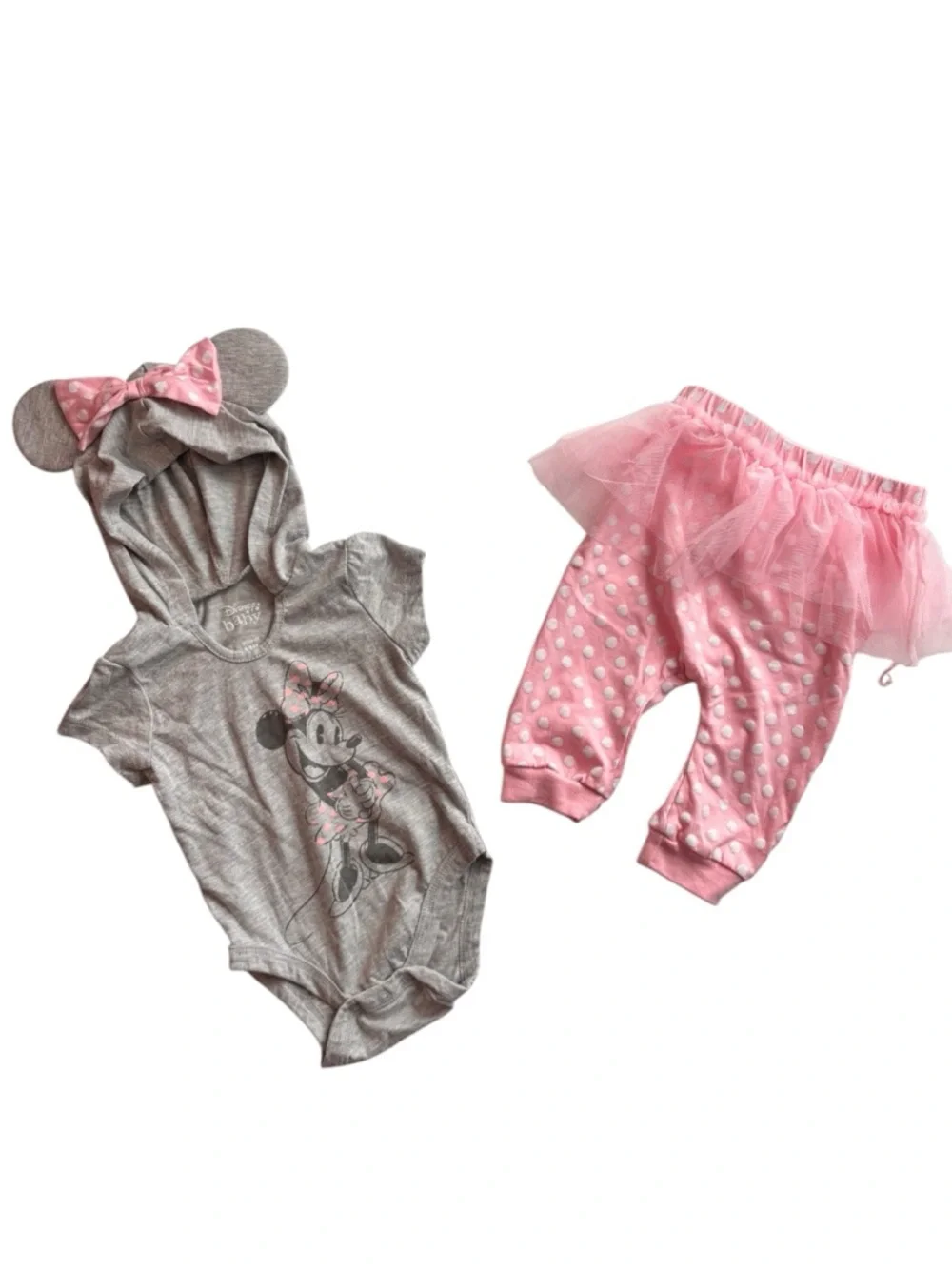 Disney Gray Hooded Bodysuit with Pink Bow Detail and Tutu Leggings 12M 8 0539